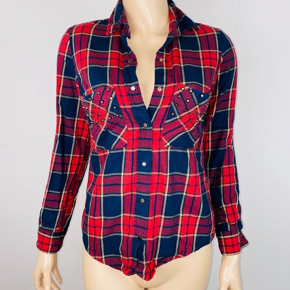 Zara Tops - Zara Studded Plaid Button Down Flannel Shirt S
